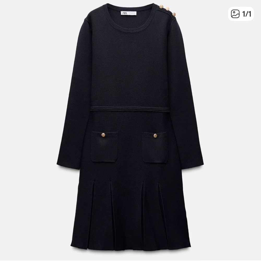 NWOT Zara Long Sleeve Pleated Knit Mini Dress Navy